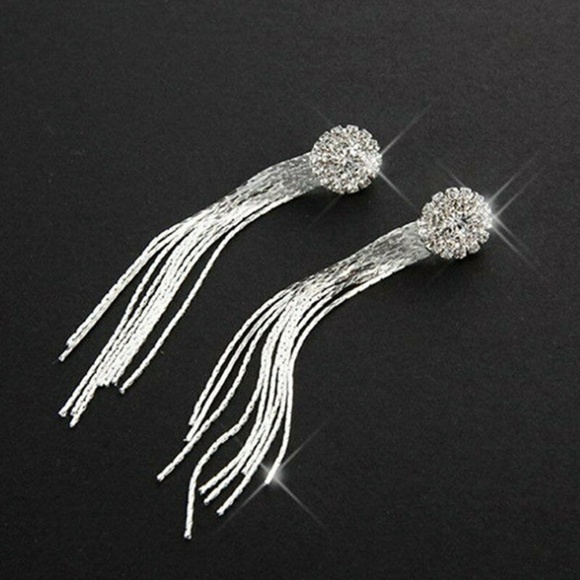 Long Silver Color Dangling Chain Tassel Crystal Earrings - Picture 1 of 7